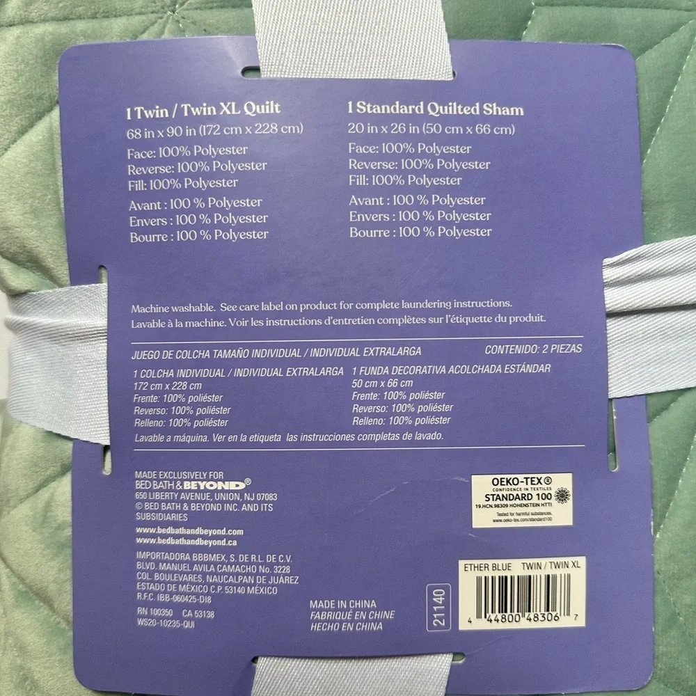 Wild Sage Vanessa Velvet 2-Piece Twin/Twin XL Quilt Set in Ether Blue NWT